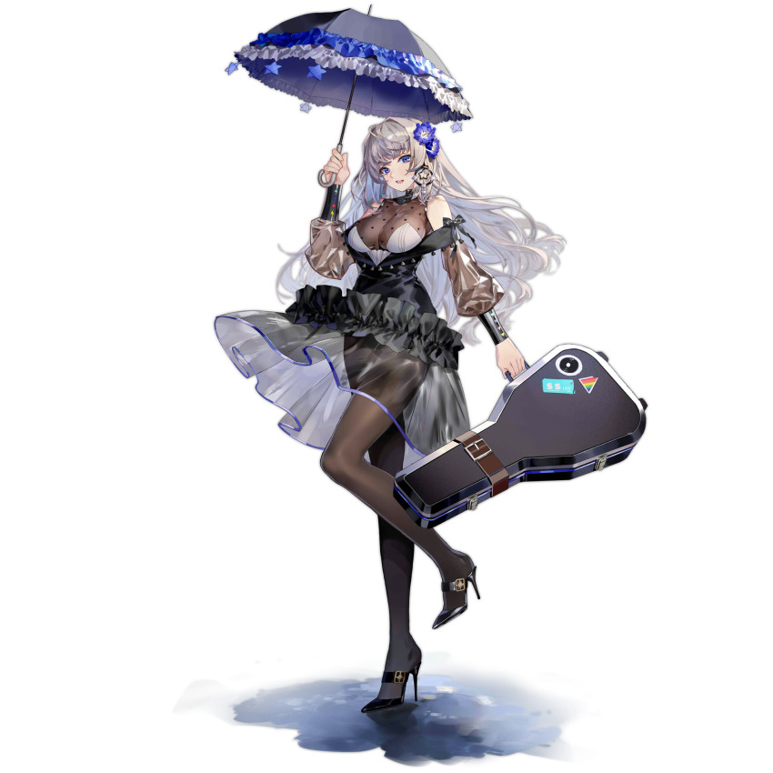 1girl black_dress black_footwear black_pantyhose black_umbrella blue_eyes breasts dress flower fx-05_(girls&#039;_frontline) fx-05_(she_walks_in_the_rain)_(girls&#039;_frontline) girls&#039;_frontline grey_hair hair_flower hair_ornament high_heels highres holding holding_case holding_umbrella large_breasts long_hair looking_at_viewer miyazakisoul official_art open_mouth pantyhose solo standing standing_on_one_leg transparent_background umbrella weapon_case