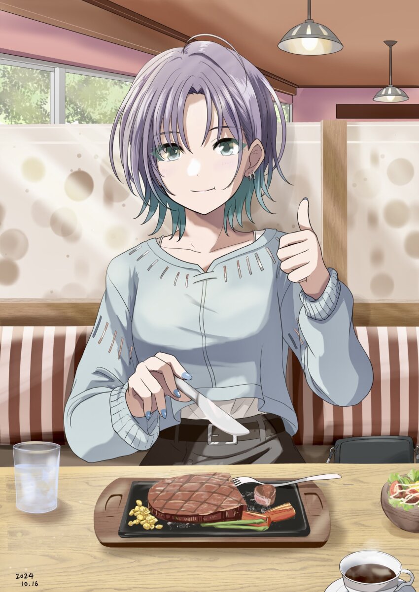 1girl aqua_eyes aqua_hair asakura_toru bag belt blue_cardigan booth_seating cardigan coffee earrings food fork glass handbag highres holding holding_knife idolmaster idolmaster_shiny_colors jewelry knife looking_at_viewer multicolored_hair nail_polish overhead_lights purple_hair restaurant short_hair sitting smile solo steak table tank_top thumbs_up two-tone_hair vegetable water white_tank_top zash_zashzash