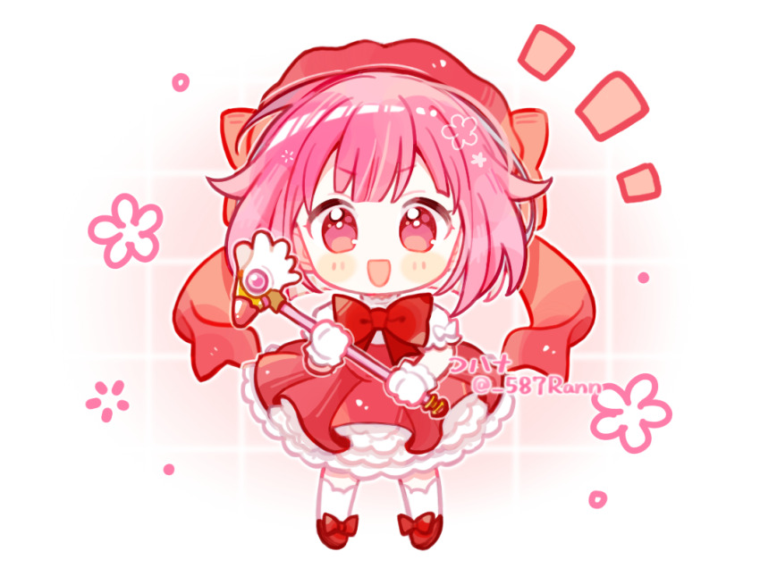 1girl :d arm_bow beret blush_stickers bow cardcaptor_sakura center-flap_bangs chibi chibi_only child chinese_commentary chinese_text clenched_hands cohana commentary commission cosplay dress flower_symbol footwear_bow frilled_dress frilled_gloves frilled_sleeves frills full_body fuuin_no_tsue gloves hand_up hat holding holding_wand kinomoto_sakura kinomoto_sakura_(cosplay) kneehighs large_bow looking_at_viewer magical_girl medium_dress no_nose notice_lines ootori_emu open_mouth petticoat pink_eyes pink_hair pleated_dress project_sekai red_bow red_dress red_hat red_ribbon red_shoes ribbon shoes short_hair short_sleeves skirt smile socks solo star_(symbol) straight-on translation_request twitter_username v-shaped_eyebrows wand white_background white_bow white_gloves white_socks winged_wand