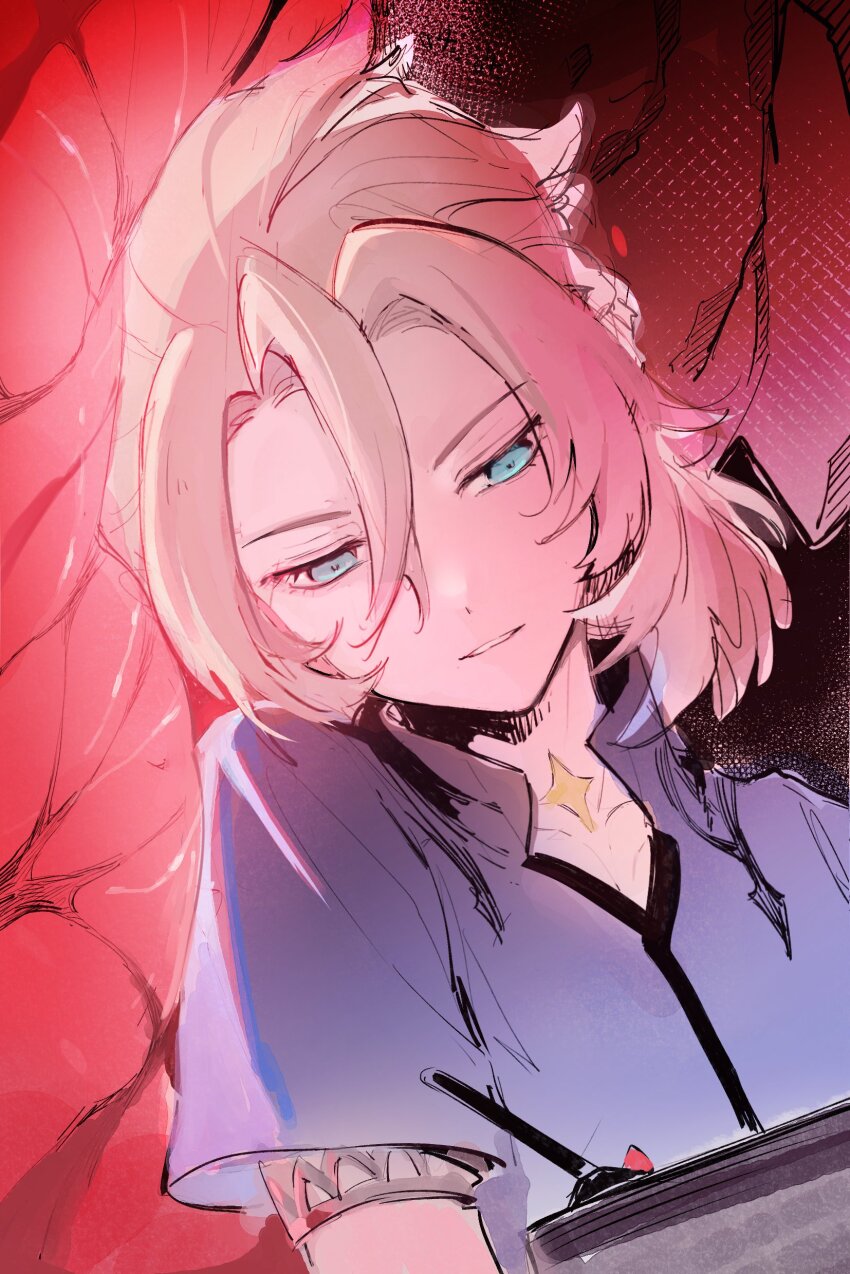 1boy absurdres albedo_(genshin_impact) blonde_hair blue_eyes blue_shirt genshin_impact glowing hair_between_eyes half-closed_eyes highres holding leaning_to_the_side male_focus parted_lips rock scar scar_on_neck shirt short_sleeves solo tiny_(0v0) upper_body