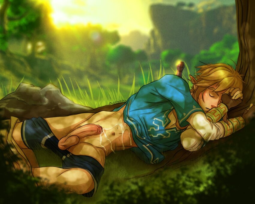 1boy after_masturbation artist_name blonde_hair blonde_pubic_hair bludwing blue_male_underwear blurry blurry_background champion&#039;s_tunic_(zelda) closed_eyes closed_mouth clothes_pull commentary cum cum_on_body cum_on_stomach english_commentary grass link lying male_focus male_pubic_hair male_underwear navel nintendo on_back pants pants_pull penis pointy_ears pubic_hair short_hair sleeping solo sunlight testicles the_legend_of_zelda underwear