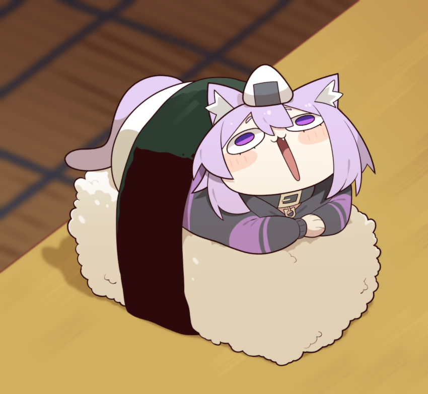 1girl absurdres animal_collar animal_ear_fluff animal_ears black_collar blurry blurry_background blush_stickers cat_ears cat_girl cat_tail cocomayo29_(tomato) collar commentary deformed food food_on_head highres hololive hood hoodie indoors looking_to_the_side looking_up lying medium_hair mini_person minigirl nekomata_okayu nekomata_okayu_(1st_costume) object_on_head on_stomach onigiri open_mouth purple_eyes purple_hair purple_hoodie rice sidelocks solo symbol-only_commentary table tail virtual_youtuber