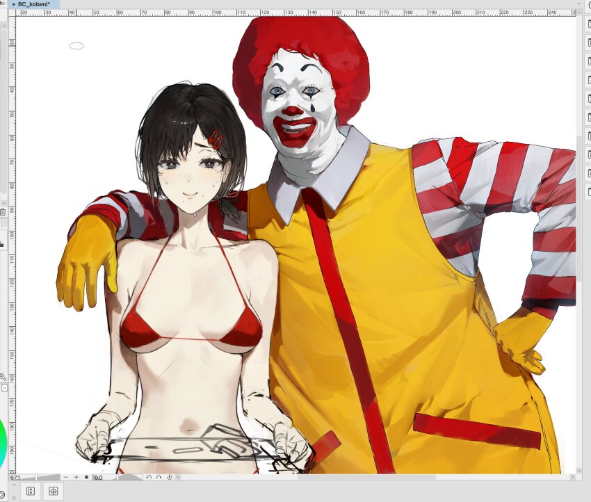 1boy 1girl :d afro alternate_costume arm_on_another&#039;s_shoulder art_program_in_frame bare_arms bare_shoulders bikini black_eyes black_hair breasts breasts_apart bright_pupils chainsaw_man clip_studio_paint clip_studio_paint_(medium) closed_mouth clown colored_skin crossover eyelashes facepaint flustered frown gloves grey_eyes hair_ornament hairclip hand_on_own_hip heavenmole height_difference higashiyama_kobeni highres holding holding_tray lipstick long_sleeves looking_at_viewer low_ponytail makeup mark_under_eye mcdonald&#039;s medium_breasts micro_bikini navel open_mouth pocket ponytail red_bikini red_hair red_lips red_shirt ronald_mcdonald shirt short_hair short_ponytail side-by-side simple_background smile string_bikini striped_clothes striped_shirt sweat swimsuit teardrop_facial_mark teeth tray unfinished upper_body vest white_background white_pupils white_shirt white_skin wing_collar yellow_gloves yellow_vest