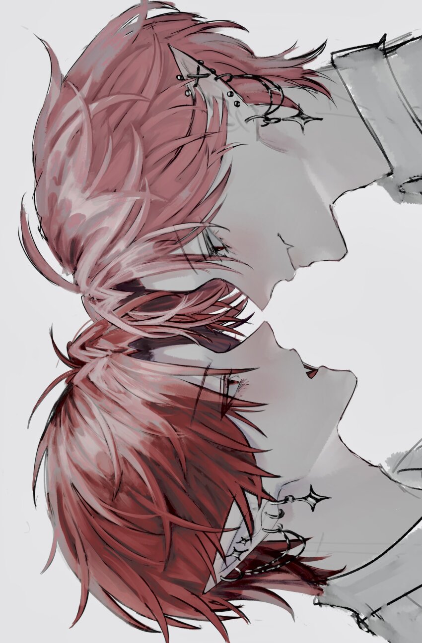2boys absurdres blush closed_mouth collared_shirt commentary_request ear_chain ear_piercing earrings fang from_side highres hoop_earrings jewelry looking_at_another male_focus multiple_boys open_mouth original oysi_mysi piercing pointy_ears portrait red_eyes red_hair shirt short_hair simple_background skin_fang smile star_(symbol) star_earrings stud_earrings white_background white_shirt