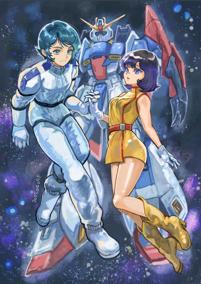 1boy 1girl black_hair blue_eyes blue_hair boots closed_mouth commentary dated fa_yuiry full_body gloves gundam highres holding_hands kamille_bidan looking_at_another mecha mecha_pilot_suit medium_hair mobile_suit normal_suit_(gundam) okrdisk2000 open_mouth robot science_fiction sleeveless space v-fin white_gloves yellow_boots zeta_gundam zeta_gundam_(mobile_suit)