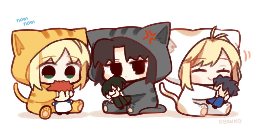 3girls ahoge anger_vein animal_costume animal_ears arcueid_brunestud artoria_pendragon_(fate) black_hair blonde_hair blush cat_costume cat_ears cat_tail chibi closed_eyes emiya_shirou fake_animal_ears fake_tail fate/stay_night fate_(series) green_eyes happy highres hug kara_no_kyoukai kokutou_mikiya multiple_girls oyankoa ryougi_shiki saber_(fate) smile stuffed_toy tail tohno_shiki tsukihime type-moon_heroines