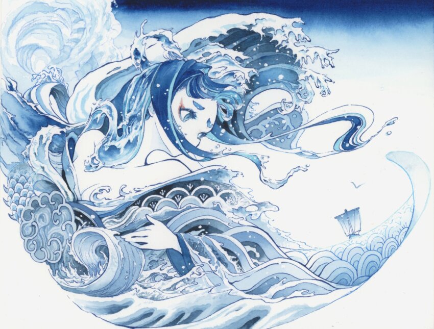 1girl bird blue_eyes blue_theme breasts cleavage commentary fine_art_parody giant giantess highres japanese_clothes kanagawa_okinami_ura kimono liquid_hair looking_to_the_side original parody seagull ship storm watercraft waves xw3ygvsbyqdepb3