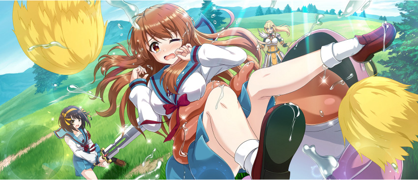 3girls armband armor asahina_mikuru black_bodysuit black_gloves black_socks blonde_hair blue_eyes blue_sailor_collar blue_skirt blush bob_cut bodysuit boobplate braid breastplate breasts brown_eyes brown_hair collarbone crossover darkness_(konosuba) day envy faulds frog from_above furrowed_brow game_cg gloves grass grasslands hair_ornament hairband highres holding holding_sword holding_weapon kita_high_school_uniform kneehighs kono_subarashii_sekai_ni_shukufuku_wo! konosuba!_fantastic_days landscape large_breasts lifting_person loafers long_hair long_sleeves looking_at_viewer medium_breasts medium_hair miniskirt multiple_girls neck_ribbon nose_blush official_art one_eye_closed open_mouth orange_armband orange_hairband outdoors pauldrons pom_pom_(cheerleading) ponytail ponytail_with_braided_base red_ribbon restrained ribbon sailor_collar sailor_shirt saliva school_uniform serafuku shirt shoes shoulder_armor sidelocks single_pauldron skirt socks standing sunlight suzumiya_haruhi suzumiya_haruhi_no_yuuutsu sword tearing_up thighs tongue tree v-shaped_eyebrows very_long_hair weapon white_shirt white_socks winter_uniform x_hair_ornament