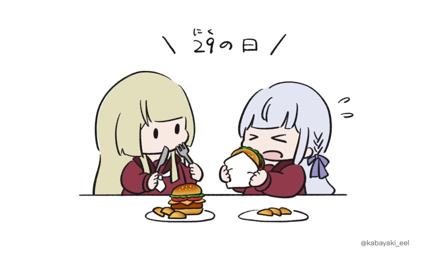 &gt;_&lt; 2girls assault_lily blonde_hair blunt_bangs braid brown_sailor_collar burger chibi closed_eyes date_pun eating flying_sweatdrops food food_wrapper fork grey_hair hair_ribbon hands_up highres holding holding_burger holding_food holding_fork holding_knife kabayaki_(kabayaki_eel) kanba_girls_high_school_uniform knife kon_kanaho long_sleeves looking_at_another meat_day miyagawa_takane multiple_girls necktie no_mouth number_pun open_mouth plate purple_ribbon red_shirt ribbon sailor_collar school_uniform serafuku shirt short_necktie side_braid simple_background solid_oval_eyes translated white_background white_necktie