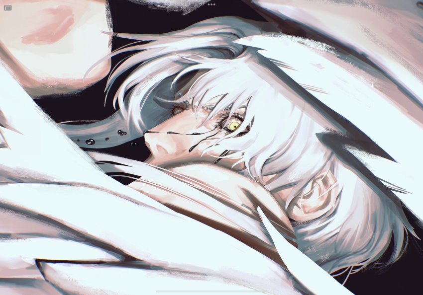 1boy black_tears cropped crying crying_with_eyes_open emet-selch eyelashes feathered_wings final_fantasy final_fantasy_xiv highres looking_at_viewer male_focus painterly portrait solo tears tyt_tham veins white_hair wings yellow_eyes