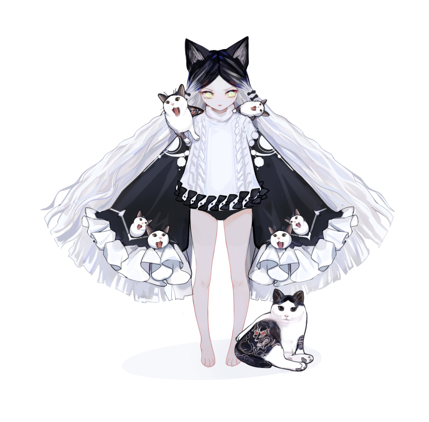 1girl animal animal_ears bare_legs barefoot black_hair cat cat_ears cat_girl frilled_sleeves frills highres long_hair multicolored_hair original shadow shan_gui_yu_yao simple_background solo two-tone_hair very_long_hair white_background white_hair yellow_eyes
