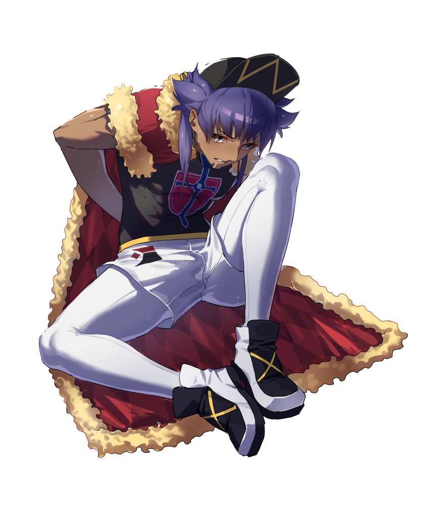 1boy absurdres arms_behind_back baseball_cap black_hat black_shirt cape champion_uniform dark-skinned_male dark_skin facial_hair full_body fur-trimmed_cape fur_trim hat highres leggings leon_(pokemon) male_focus nana_babylon nintendo parted_lips pokemon pokemon_swsh purple_hair red_cape shield_print shirt shoes shorts simple_background sitting solo sword_print white_background white_leggings white_shoes white_shorts