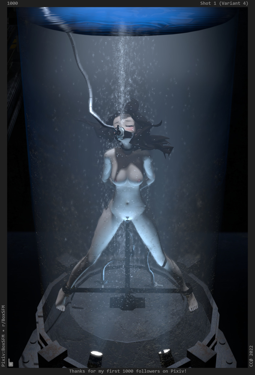 1girl 3d absurdres air_bubble arms_behind_back black_hair boxsfm_(artist) breasts bubble choker cinder_fall closed_eyes cuffs dark_room full_body highres looking_up medium_breasts oxygen_mask pubic_hair restrained rooster_teeth rwby sex_machine shackles spread_legs spreader_bar submerged trapped uncensored water water_tank