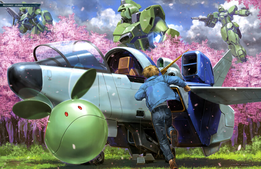 1boy absurdres beam_rifle blonde_hair canopy_(aircraft) cherry_tree core_fighter energy_gun falling_leaves grass gun-ez gundam gundam_perfect_file haro highres jacket leaf machinery mecha mecha_focus mobile_suit non-humanoid_robot official_art painting_(medium) pet pilot_chair realistic robot running scan scene_reference science_fiction tenjin_hidetaka traditional_media tree uso_ewin v-fin v_gundam victory_gundam weapon when_you_see_it