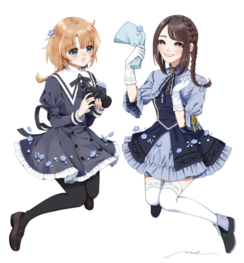 2girls :d ahoge amahara_nue artist_name assault_lily black_dress black_pantyhose black_ribbon black_shoes black_skirt blue_eyes blue_flower blunt_bangs blush braid braided_ponytail brown_eyes brown_hair brown_shoes camera commentary_request cosplay cropped_jacket dress ear_piercing floating flower frilled_dress frilled_skirt frilled_sleeves frills full_body futagawa_fumi futagawa_fumi_(cosplay) gloves grey_dress grey_ribbon grin hair_flower hair_ornament hair_ribbon handkerchief hands_up high-waist_skirt highres holding holding_camera holding_handkerchief jewelry juliet_sleeves knees_together_feet_apart layered_dress loafers long_hair long_sleeves looking_at_viewer low_ponytail miniskirt multiple_girls neck_ribbon nishimoto_rimi open_mouth orange_hair pantyhose parted_lips piercing ponytail puffy_short_sleeves puffy_sleeves real_life ribbon ring school_uniform shoes short_sleeves signature simple_background single-lens_reflex_camera single_braid skirt sleeve_ribbon smile thighhighs two-tone_dress two-tone_ribbon voice_actor voice_actor_connection white_background white_gloves white_thighhighs wide_sleeves yellow_ribbon yurigaoka_girls_academy_school_uniform