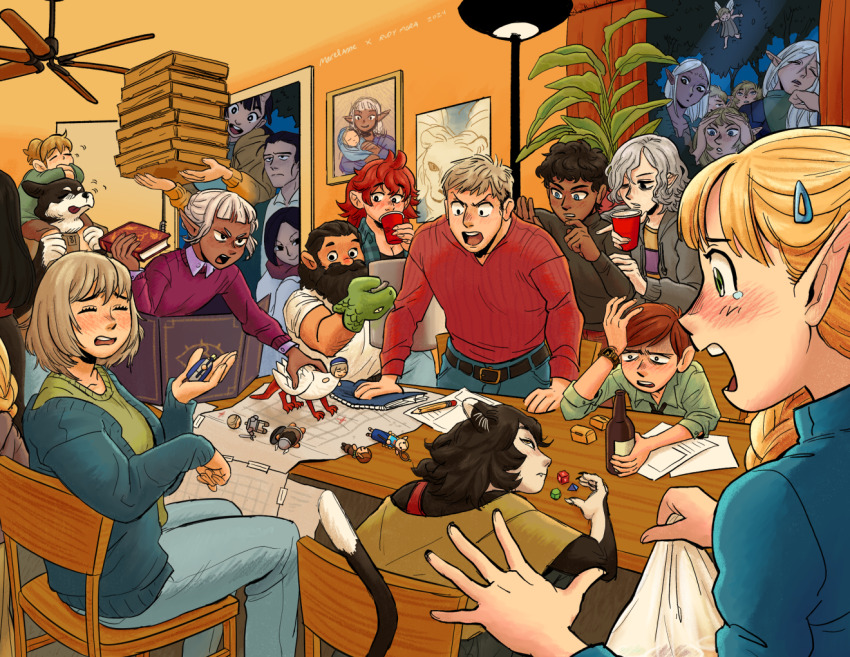 6+boys 6+girls alternate_universe animal_ears board_game bottle cat_ears cat_girl character_doll chilchuck_tims cithis contemporary dark-skinned_female dark-skinned_male dark_skin dia_(dungeon_meshi) dice dog_boy door dungeon_meshi dwarf elf fairy fairy_(dungeon_meshi) falin_touden falin_touden_(chimera) falin_touden_(tallman) fleki halfling hien infantplanet inutade izutsumi kabru kuro_(dungeon_meshi) laios_touden lycion maizuru marcille_donato mature_female mickbell_tomas mithrun multiple_boys multiple_girls namari_(dungeon_meshi) open_door otta_(dungeon_meshi) pattadol pizza_box pointy_ears polyhedral_dice rin_(dungeon_meshi) senshi_(dungeon_meshi) shurou tabletop_rpg thistle_(dungeon_meshi) window wine_bottle winged_lion_(dungeon_meshi)