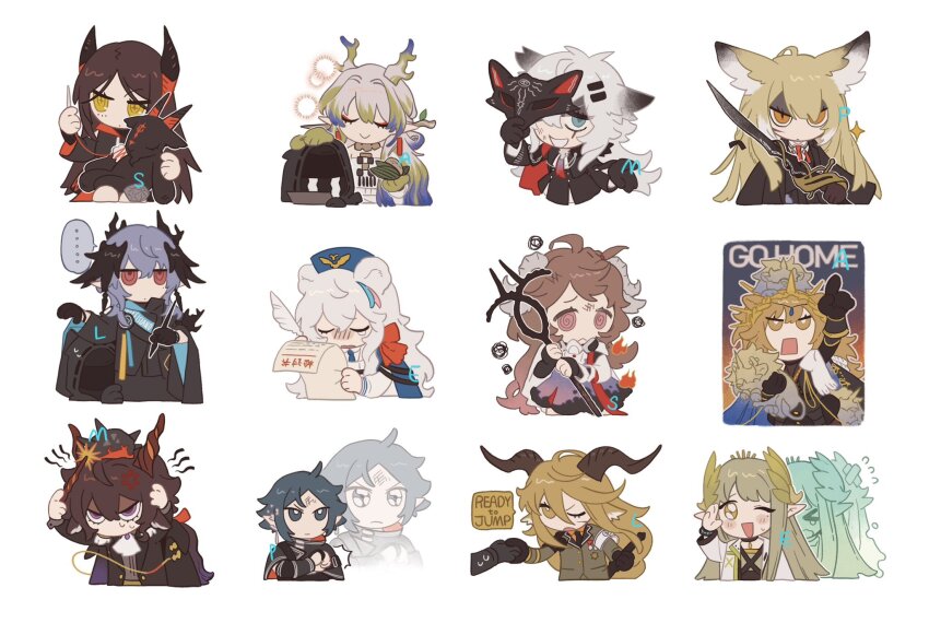 &gt;_&lt; 1other 3boys 6+girls @_@ anger_vein angry animal_ears arknights black_cape black_gloves black_hair black_jacket black_shirt blonde_hair blue_eyes blue_hair blue_hat brown_hair cape chibi closed_eyes coat colored_skin colored_tips commentary covering_own_ears crown degenbrecher_(arknights) demon doctor_(arknights) dragon_horns dress ebenholz_(arknights) emoji english_commentary english_text eyjafjalla_(arknights) fire fox_ears gloves gradient_background green_dress green_eyes green_jacket grey_background grey_hair hair_ornament hair_stick hat head_wings hiding hiding_behind_another highres holding holding_hands holding_mask holding_needle holding_paper holding_quill holding_stuffed_toy holding_sword holding_wand holding_weapon hood hooded_jacket horns ines_(arknights) jacket lappland_(arknights) lappland_the_decadenza_(arknights) laurel_crown logos_(arknights) long_hair long_sleeves looking_at_viewer mask muelsyse_(arknights) multicolored_hair multiple_boys multiple_girls necktie needle open_mouth orange_background orange_eyes paper parted_bangs pleading_face_emoji pointing pointy_ears protecting purple_dress quill red_eyes red_hair red_necktie rosa_(arknights) sewing shaded_face shikiri shirt short_hair shu_(arknights) siege_(arknights) sigh simple_background smile sparkle speech_bubble stuffed_goat stuffed_toy sword t_t tearing_up two-tone_dress upper_body vina_victoria_(arknights) vulpisfoglia_(arknights) wand weapon white_background white_coat white_dress white_hair white_shirt wings wolf_ears wolf_mask yellow_eyes yellow_skin zuo_le_(arknights)