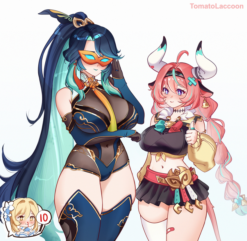 +_+ 3girls ahoge animal_ears aqua_hair arm_under_breasts artist_name bandaid bandaid_on_leg bell black_gloves black_hair black_skirt blonde_hair blood blue_leotard blue_sleeves blue_thighhighs blush braid breasts closed_mouth colored_inner_hair commentary covered_navel cow_ears cow_girl cow_horns cow_tail cowbell crop_top detached_sleeves ear_bell female_pervert flower genshin_impact gloves hair_between_eyes hair_flower hair_ornament hairband hand_up hashtag-only_commentary high_ponytail highres horns large_breasts leotard long_hair lumine_(genshin_impact) miniskirt multicolored_hair multiple_girls navel nosebleed pervert pink_hair ponytail purple_eyes see-through_clothes simple_background single_thighhigh skirt smile stomach streaked_hair tail tassel thighhighs thighs thumbs_up tomatolaccoon twin_braids varesa_(genshin_impact) very_long_hair white_background white_thighhighs wrestling_mask wrestling_outfit xianyun_(genshin_impact) yellow_eyes yellow_sleeves