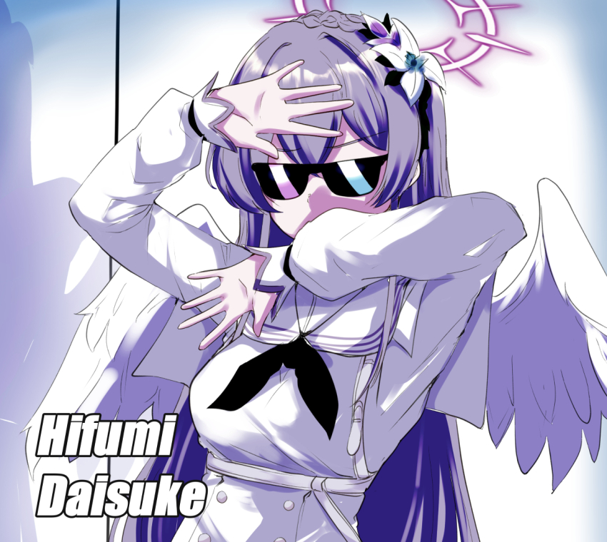 1girl angel_wings beatmania_iidx bemani black_neckerchief blue_archive commentary daisuke_(beatmania) dancing dress english_commentary halo light_brown_hair long_hair long_sleeves machismo_fuji nagisa_(blue_archive) neckerchief parody pun sailor_collar solo sunglasses upper_body white_dress white_sailor_collar white_wings wings