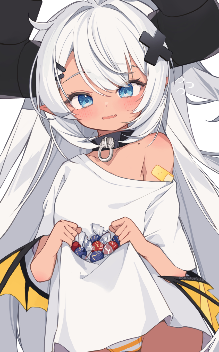 absurdres armpit_peek asagawa_mikan asagawa_mikan_(peachy_michi) bare_shoulders bat_wings blue_eyes blush candy fang food hair_ornament hairclip highres horns indie_virtual_youtuber long_hair mole mole_on_shoulder orange_stripes original oversized_clothes oversized_shirt panties pointy_ears shirt shoulder_blush skin_fang striped_clothes striped_panties underwear white_hair wings x_hair_ornament