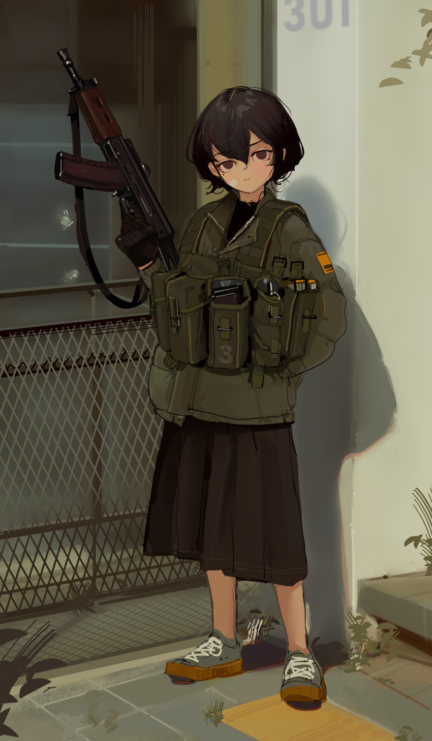 1girl absurdres aks-74u assault_rifle black_hair brown_eyes brown_skirt chain-link_fence chest_rig closed_mouth commentary english_commentary explosive fence full_body green_jacket grenade grey_shoes gun hand_in_pocket hand_up highres holding holding_gun holding_weapon jacket kalashnikov_rifle long_skirt long_sleeves looking_at_viewer magazine_(weapon) military military_uniform mole mole_under_eye original pleated_skirt polilla rifle serious shoes short_hair sketch skirt sneakers solo standing trigger_discipline weapon