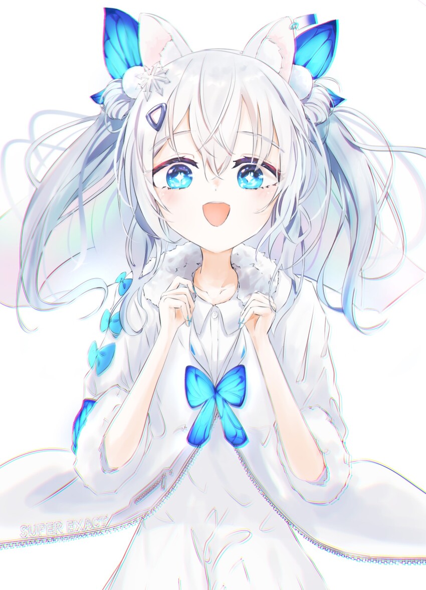 +_+ 1girl :d animal_ear_fluff animal_ears aowillust blue_eyes blue_nails blush butterfly_hair_ornament child collared_dress double_bun dress fake_animal_ears fur-trimmed_sleeves fur_trim goddess_of_victory:_nikke hair_between_eyes hair_bun hair_ornament highres jacket long_hair n102_(miracle_fairy)_(nikke) n102_(nikke) nail_polish official_alternate_costume open_mouth ribbon short_sleeves short_twintails smile snowflake_hair_ornament solo twintails white_dress white_hair white_jacket zipper