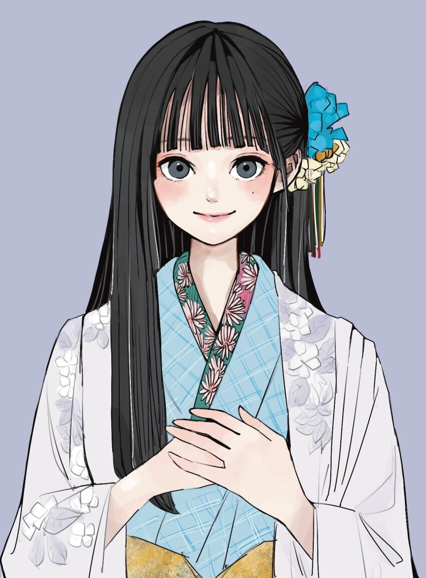 1girl actor awatsu_mai black_eyes black_hair blue_flower blue_kimono blunt_bangs closed_mouth commentary_request floral_print flower grey_background hair_flower hair_ornament hands_up haori highres japanese_clothes kimono long_hair long_sleeves looking_at_viewer mole mole_under_eye own_hands_together print_kimono real_life sally_(allogkk) simple_background single_sidelock smile solo upper_body white_flower wide_sleeves