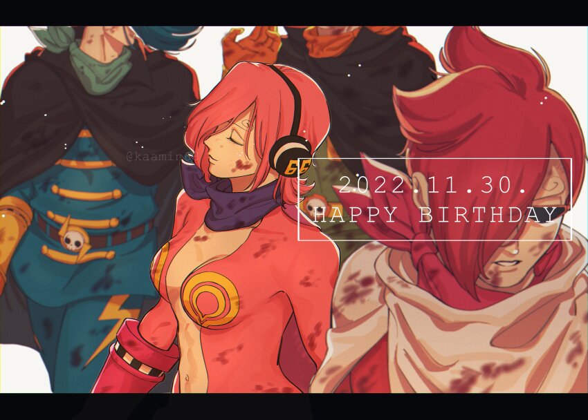 1girl 3boys absurdres black_cape blood blood_on_face blue_hair brother_and_sister cape commentary_request curly_eyebrows dated gloves hair_over_one_eye happy_birthday headphones highres larugo0513 letterboxed multiple_boys neckerchief one_piece pink_hair plunging_neckline purple_neckerchief red_hair short_hair siblings sunglasses vinsmoke_ichiji vinsmoke_niji vinsmoke_reiju vinsmoke_yonji white_background