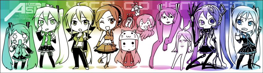 6+girls :3 ;p akita_neru black_skirt bow caffein calne_ca_(deino) crustacean detached_sleeves hachune_miku hagane_miku hair_bow hat hatsune_miku headphones headset isopod long_hair megurine_luka meiko_(vocaloid) microphone_stand miniskirt multiple_girls navel necktie one_eye_closed pleated_skirt pylori_kin_no_uta_(vocaloid) rainbow_background rainbow_order rin_no_youchuu sakine_meiko shiteyan&#039;yo short_hair side_ponytail skirt spring_onion striped_clothes striped_skirt takoluka thighhighs toeto_(vocaloid) tongue tongue_out twintails vocaloid wink yowane_haku