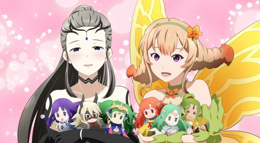2girls altina_(fire_emblem) black_tiara blonde_hair character_doll choker doll duma_(fire_emblem) earrings eir_(fire_emblem) fire_emblem fire_emblem:_radiant_dawn fire_emblem:_three_houses fire_emblem_echoes:_shadows_of_valentia fire_emblem_heroes highres holding holding_doll jewelry looking_at_viewer mila_(fire_emblem) multiple_girls nintendo pale_skin peony_(fire_emblem) ponytail sothis_(fire_emblem) thrasir_(fire_emblem) tiara toshi_(toshi10416) yune_(fire_emblem)