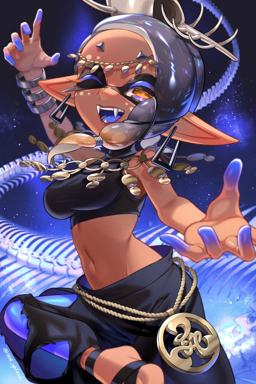 1girl alternate_color baggy_pants blue_background blue_hair bracelet breasts dark-skinned_female dark_skin ear_piercing fangd frye_(splatoon) frye_(splatoween)_(splatoon) halloween halloween_costume highres inkling iria_(yumeirokingyo) jewelry large_breasts looking_at_viewer midriff multicolored_eyes navel nintendo one_eye_closed open_mouth pants piercing pointy_ears shell_hair_ornament smile solo splatoon_(series) splatoon_3 tentacle_hair two-tone_eyes yellow_eyes