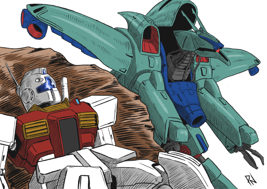 1980s_(style) absurdres beam_cannon chest_cannon commentary_request earth_federation fake_screenshot gm_ii gundam gundam_zz hiding highres jamru_fin machinery mecha mecha_focus mobile_suit neo_zeon oldschool one-eyed pincers primate_nemesis radio_antenna retro_artstyle robot science_fiction signature sketch
