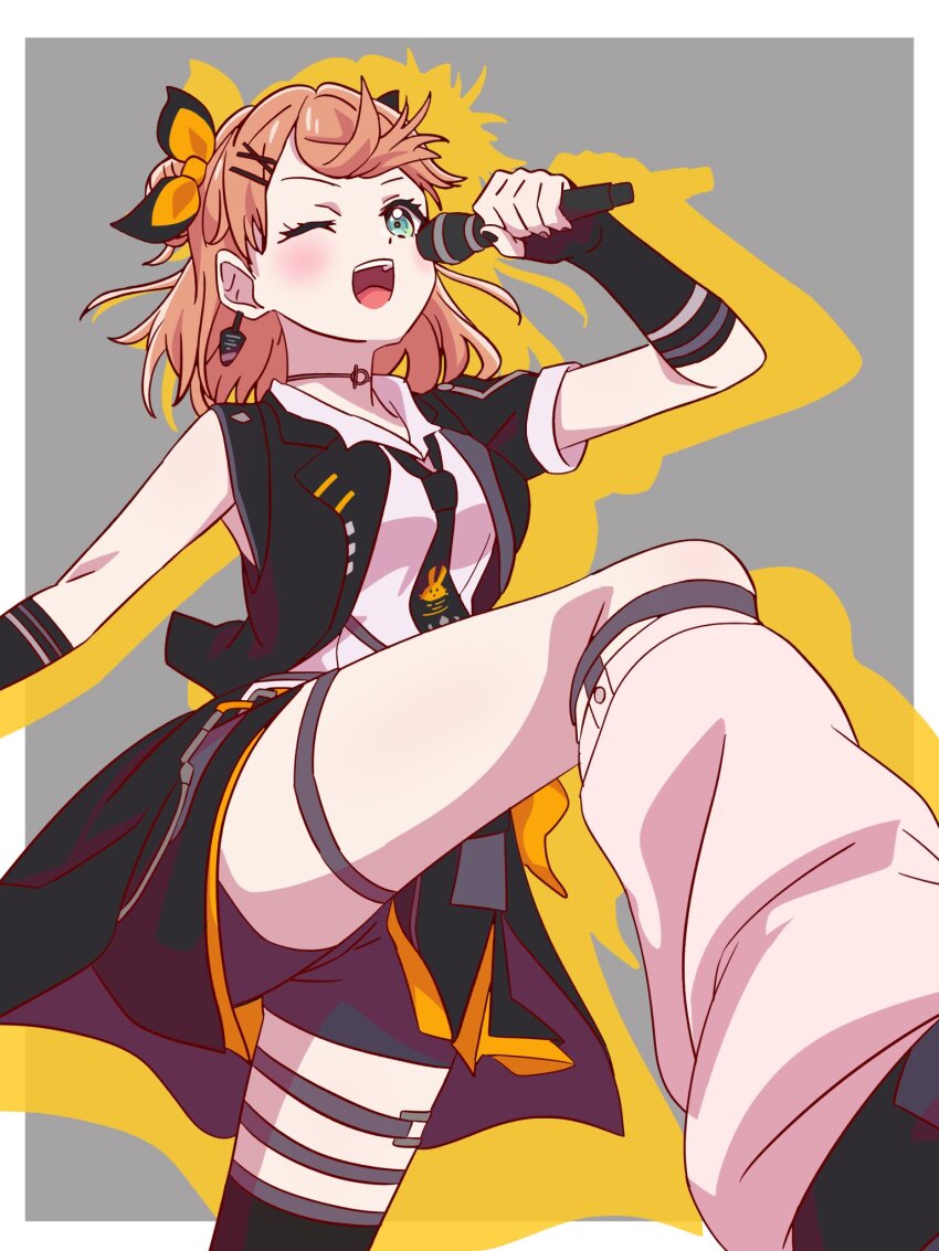 1girl ;d aqua_eyes asymmetrical_legwear bike_shorts bike_shorts_under_skirt black_jacket black_necktie black_shorts black_skirt border breasts choker collared_shirt commentary cowboy_shot drop_shadow earrings grey_background hair_ornament highres hinoshita_kaho holding holding_microphone i_do_me!_(love_live!) jacket jewelry leg_up link!_like!_love_live! looking_at_viewer loose_socks love_live! medium_breasts medium_hair microphone miniskirt mismatched_legwear multiple_thigh_straps myrain56991013 necktie o-ring o-ring_choker official_alternate_costume one_eye_closed open_clothes open_jacket open_mouth orange_hair outside_border pleated_skirt shirt short-sleeved_jacket short_sleeves shorts shorts_under_skirt simple_background single_earring single_loose_sock single_sleeve skirt smile socks solo upskirt virtual_youtuber white_border white_shirt white_socks x_hair_ornament