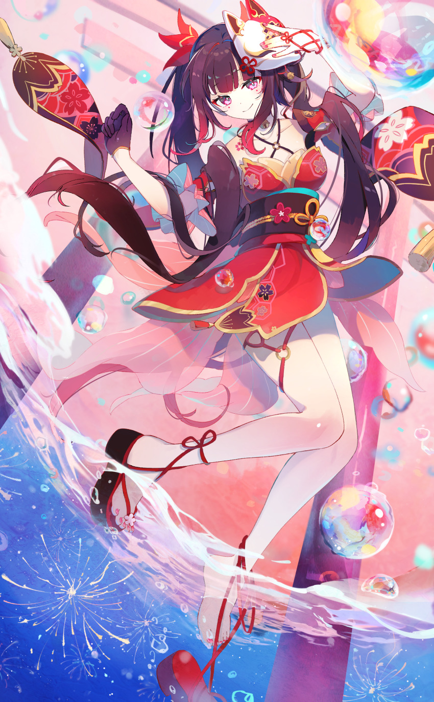 1girl absurdres black_gloves breasts brown_hair chest_tattoo closed_mouth collarbone fox_mask geta gloves hair_ornament highres honkai:_star_rail honkai_(series) japanese_clothes kimono light_blush long_hair looking_at_viewer mask medium_breasts mole mole_under_each_eye mole_under_eye multiple_moles multiple_torii nail_polish o-ring o-ring_thigh_strap red_kimono red_nails sandals single_glove smile solo sparkle_(honkai:_star_rail) tattoo thigh_strap toenail_polish toenails torii twintails very_long_hair yu_no6767