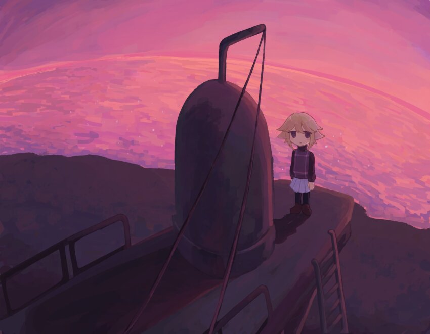 1girl beach black_pantyhose black_shirt blank_eyes blonde_hair dusk evening full_body hair_between_eyes highres horizon ladder long_sleeves ocean pantyhose pink_sky plaid_clothes plaid_vest pleated_skirt purple_eyes purple_vest renami shirt skirt sky solo standing submarine sunset urotsuki vest watercraft white_skirt yume_2kki