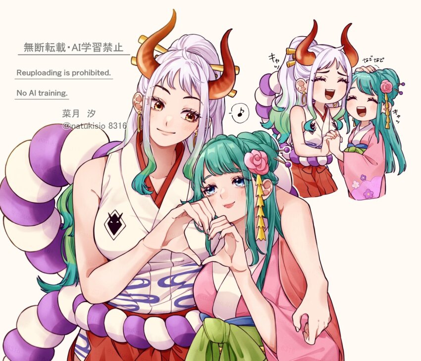 2girls ^_^ aqua_hair closed_eyes commentary_request earrings eyelashes green_hair green_sash hair_bun hair_ornament hakama half_updo horns japanese_clothes jewelry kimono kouzuki_hiyori multiple_girls multiple_views musical_note natsuki_shio one_piece pink_kimono red_hakama rope sash shimenawa sidelocks simple_background sleeveless sleeveless_kimono smile spoken_musical_note white_background white_hair yamato_(one_piece)