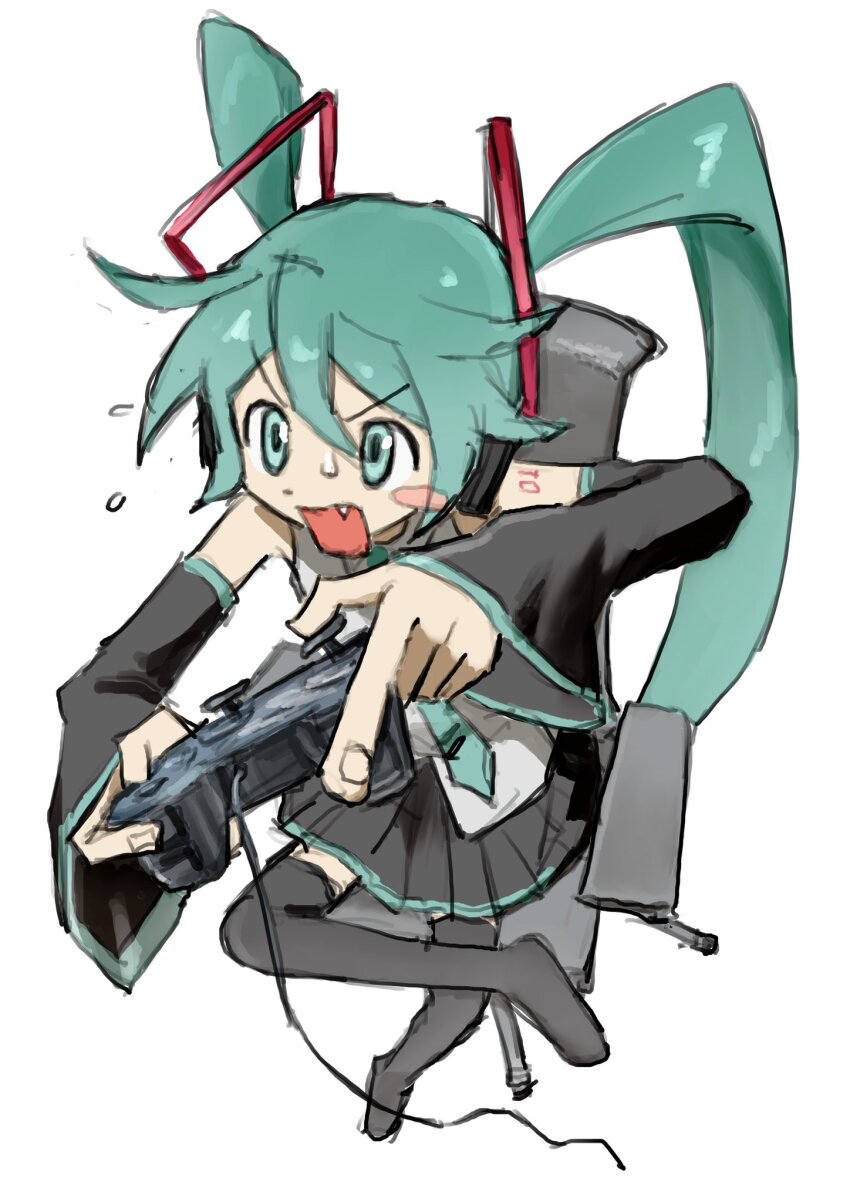 1girl 2kumi_3 black_boots black_skirt black_sleeves blue_eyes blue_hair blue_necktie blush_stickers boots chair concentrating controller detached_sleeves dualshock fang figure_four_sitting flying_sweatdrops foreshortening game_controller gamepad grey_shirt hair_ornament hands_up hatsune_miku headphones highres holding holding_controller holding_game_controller long_hair long_sleeves necktie office_chair on_chair open_mouth playing_games playstation_controller pleated_skirt shirt simple_background single_blush_sticker sitting skirt sleeveless sleeveless_shirt solo swivel_chair thigh_boots twintails v-shaped_eyebrows vocaloid white_background