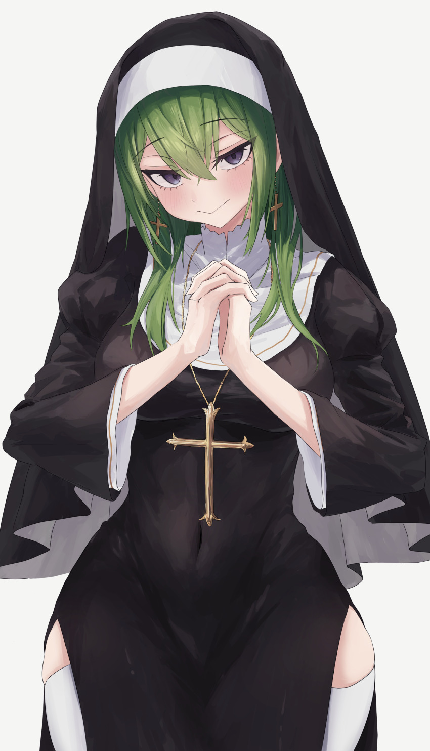 1girl absurdres closed_mouth covered_navel green_hair highres looking_at_viewer muginosa nun own_hands_clasped own_hands_together smile solo sousou_no_frieren ubel_(sousou_no_frieren)
