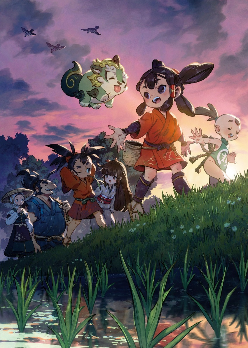 3boys 3girls bird black_eyes black_hair creature grass highres japanese_clothes kaimaru kimono kinta_(tensui_no_sakuna-hime) komainu looking_at_another multiple_boys multiple_girls murayama_ryota myrthe official_art open_mouth outdoors red_kimono rice_(plant) rice_paddy sakuna-hime sky smile tama-jii tauemon tensui_no_sakuna-hime twilight walking yui_(tensui_no_sakuna-hime)