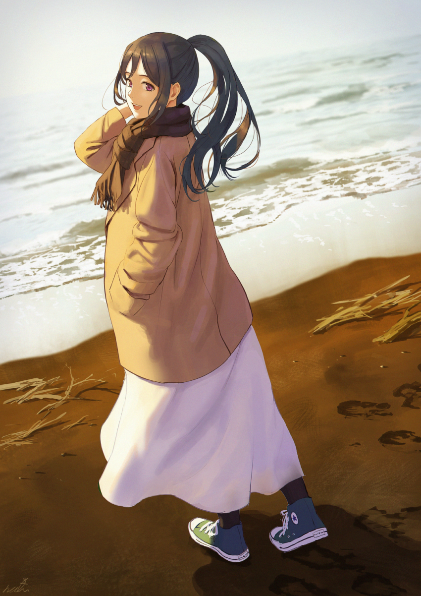 1girl bad_id bad_pixiv_id beach beige_coat black_scarf blue_hair coat commentary converse dark_blue_hair from_behind full_body green_shoes hand_in_pocket hand_up highres long_hair long_skirt looking_at_viewer looking_back love_live! love_live!_sunshine!! matsuura_kanan open_mouth pantyhose papi_(papiron100) ponytail purple_eyes scarf shoes signature skirt smile sneakers solo sunset teeth translated upper_teeth_only white_skirt