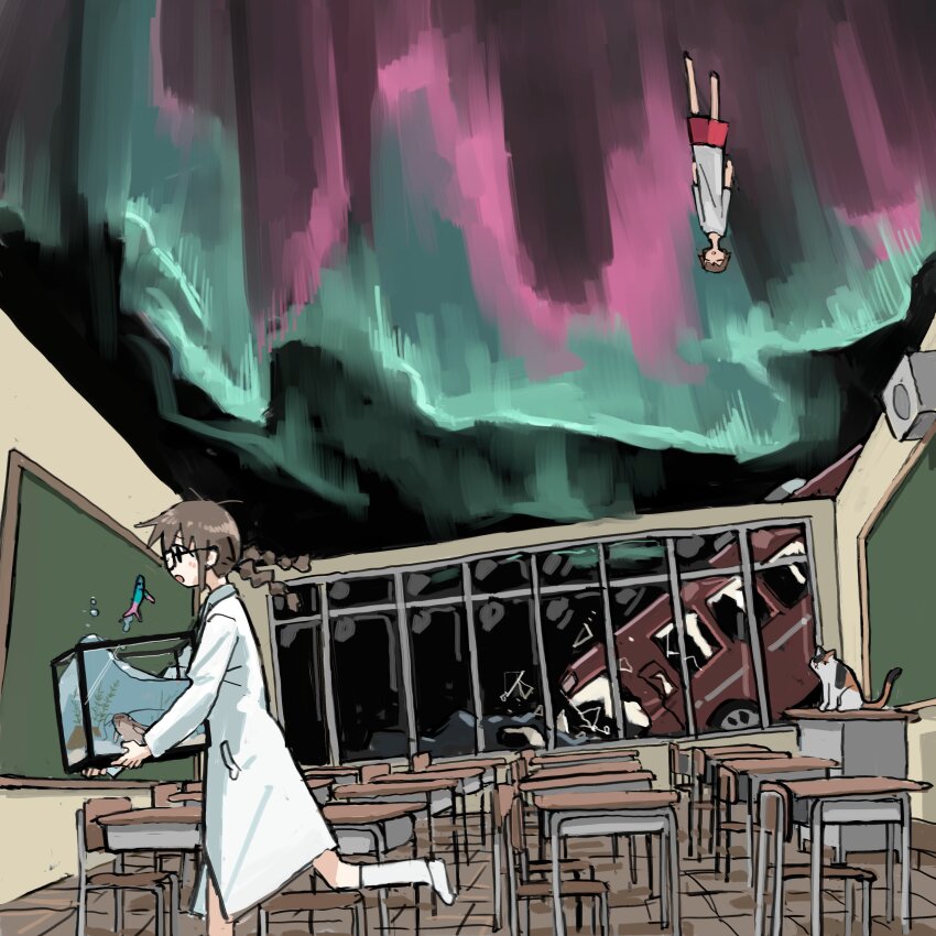 2girls :o absurdres animal aquarium aurora braid broken brown_hair bus calico cat chair classroom coat desk falling fish glasses highres holding lab_coat motor_vehicle multiple_girls red_skirt rock school school_desk sitting skirt table tsukumizu_yuu twin_braids white_coat