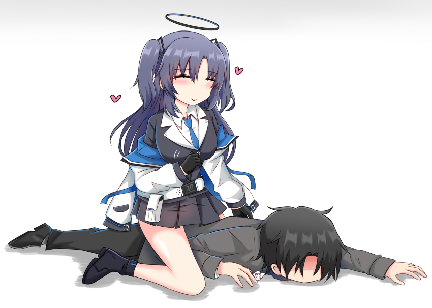 1boy 1girl black_hair black_halo blue_archive blue_archive_the_animation blush breasts collared_shirt cyberdemon_no3 formal_clothes grey_suit hair_ornament halo highres id_card jacket jacket_partially_removed large_breasts long_hair long_sleeves mechanical_halo necktie purple_hair sensei_(blue_archive) sensei_(blue_archive_the_animation) shirt simple_background skirt suit triangle_hair_ornament two_side_up white_shirt yuuka_(blue_archive)