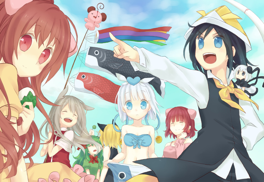black_hair blonde_hair blue_eyes blue_sky closed_eyes dress earrings green_hair hand_on_own_hip hato_kazue hato_poppochi heart jewelry koinobori koucha_himyu mocha_coffee moochasu_dudager open_mouth paripariume_umeko pointing pucchi_woofwoof red_eyes red_hair shinomaru_hajime sky smile towelket_wo_mou_ichido towelket_wo_mou_ichido_4/umi warawau_nyamunyamu white_hair windsock yellow_dress