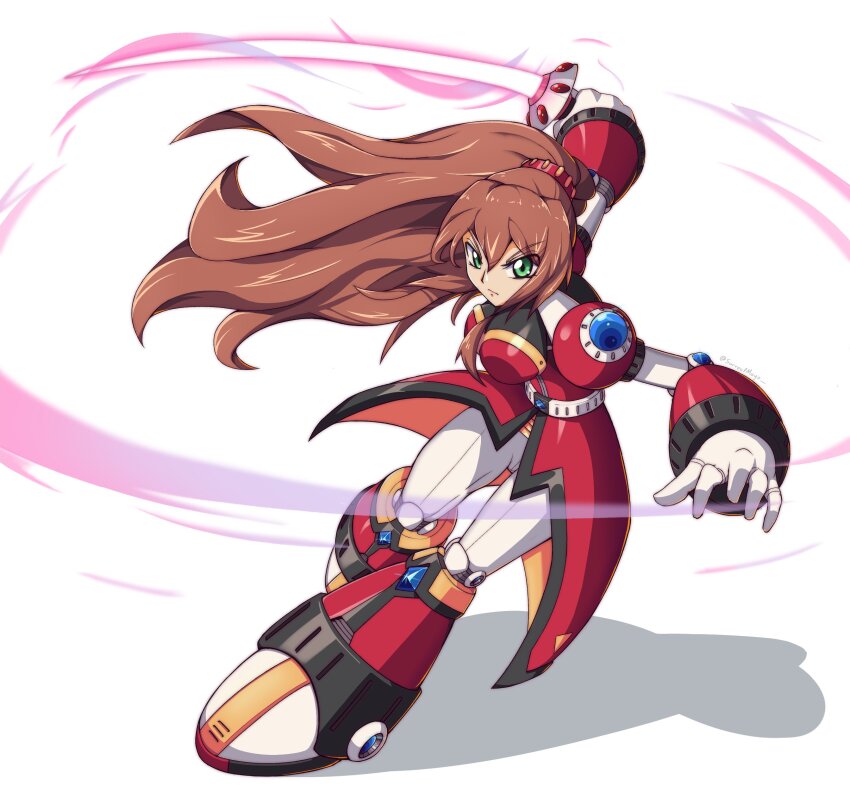 1girl absurdres armor breasts brown_hair commentary energy_sword english_commentary full_body green_eyes highres holding holding_sword holding_weapon iris_(mega_man) large_breasts long_hair mega_man_(series) mega_man_x_(series) mega_man_x_dive ponytail red_armor red_skirt simple_background skirt solo surrealmason sword weapon white_background