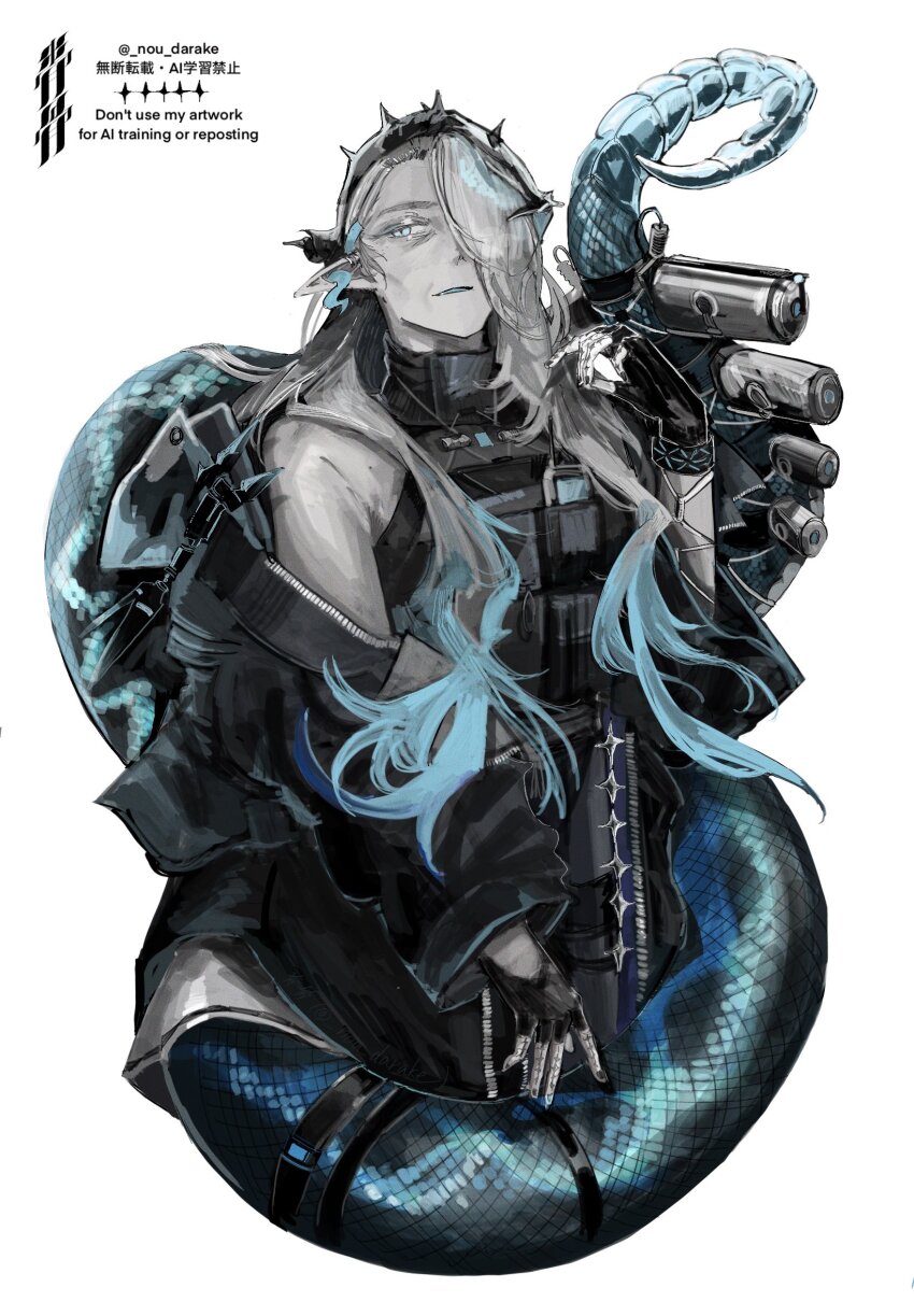 1girl aqua_hair arknights gradient_hair grey_hair highres long_hair mantra_(arknights) multicolored_hair nou_darake old old_woman pointy_ears slit_pupils snake_girl snake_tail solo tail