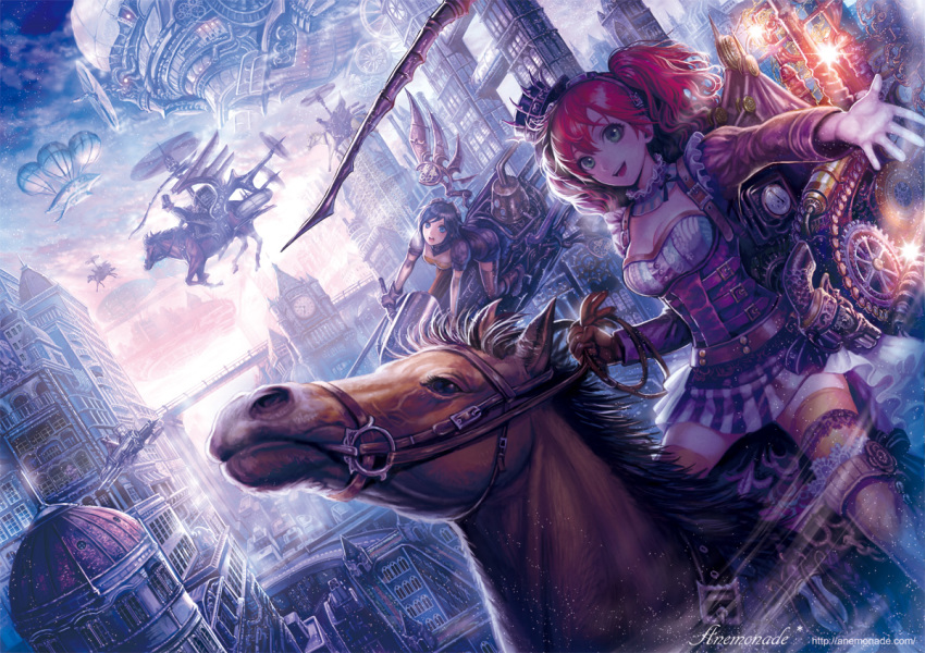 2girls asatani_tomoyo blue_eyes blush boots breasts brown_footwear cleavage clock clock_tower gauge green_eyes horse looking_at_viewer medium_breasts medium_hair multiple_girls open_mouth original outdoors red_hair scenery smile steampunk thigh_boots thighhighs tower twintails watermark web_address yellow_legwear