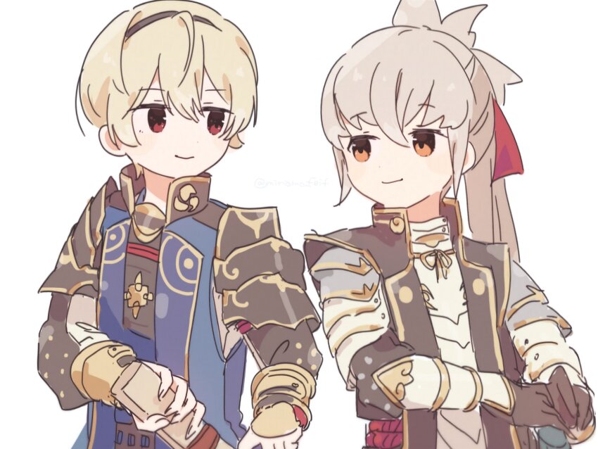 2boys alternate_costume armor blonde_hair fire_emblem fire_emblem_fates grey_hair hair_ribbon highres japanese_armor japanese_clothes leo_(fire_emblem_fates) multiple_boys nintendo red_eyes ribbon sorane_amus takumi_(fire_emblem)