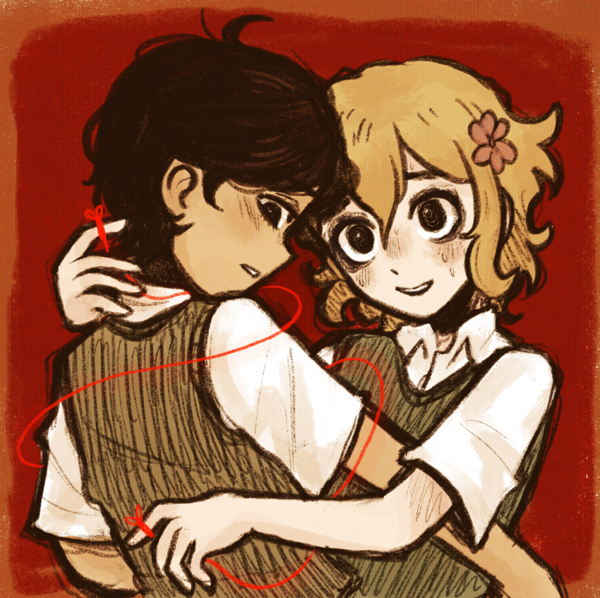 2boys alternate_eye_color basil_(faraway)_(omori) basil_(omori) black_eyes black_hair blonde_hair collared_shirt flower green_sweater_vest hair_flower hair_ornament highres male_focus multiple_boys omori open_mouth ottie_pops shirt short_hair short_sleeves string string_of_fate sunny_(omori) sweat sweater_vest teeth upper_teeth_only white_shirt