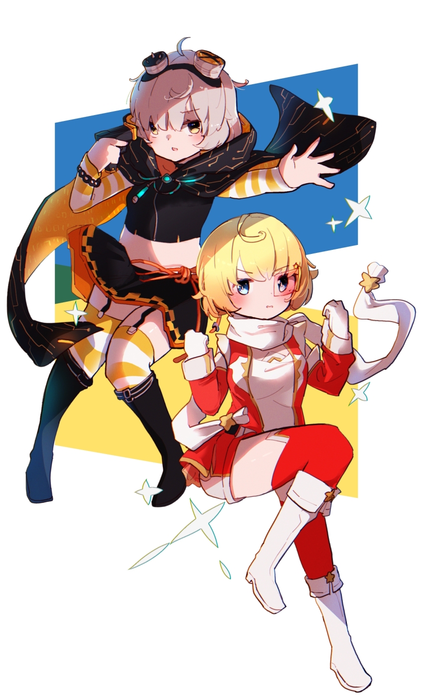 2girls ahoge bad_anatomy bad_leg binary black_choker black_cloak black_footwear black_skirt black_tube_top blonde_hair blue_eyes blush boots bracelet checkered_clothes checkered_skirt choker circuit_board_print clenched_hands cloak detached_sleeves fold-over_boots full_body garter_straps gloves goggles goggles_on_head grey_hair gun hands_up highres holding holding_gun holding_weapon jacket jewelry kashi_neko knee_boots knees_together_feet_apart layered_skirt leg_up looking_at_viewer magia_record:_mahou_shoujo_madoka_magica_gaiden magical_girl mahou_shoujo_madoka_magica midriff miniskirt miwa_mitsune multiple_girls mystical_high_collar navel open_clothes open_jacket orange_cloak orange_eyes orange_sleeves orange_thighhighs parted_lips print_cloak red_jacket red_thighhighs scarf shirt short_hair skirt sparkle star_(symbol) strapless striped_clothes striped_sleeves striped_thighhighs stun_gun swept_bangs thighhighs tube_top two-sided_cloak two-sided_fabric two-tone_cloak v-shaped_eyebrows weapon white_boots white_gloves white_scarf white_shirt yuzuki_hotori