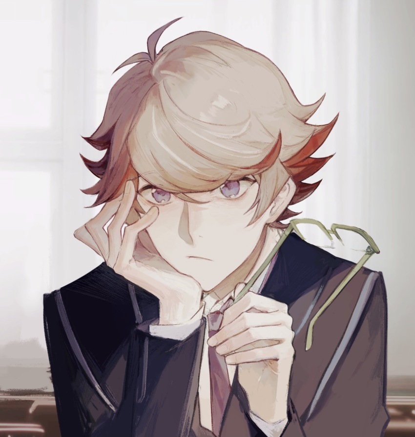 antenna_hair bad_id bad_lofter_id black_jacket blue_eyes blurry blurry_background collared_shirt day desk expressionless glasses green-framed_eyewear grey_hair hand_on_own_chin hands_up highres holding holding_removed_eyewear homura_takeru indoors jacket looking_at_viewer multicolored_hair naoki_(2rzmcaizerails6) necktie purple_necktie red_hair school school_desk school_uniform shirt short_hair unworn_eyewear white_shirt window yu-gi-oh! yu-gi-oh!_vrains